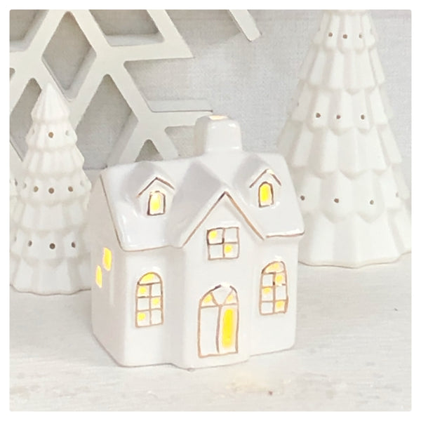 Ceramic LED House - White & Gold