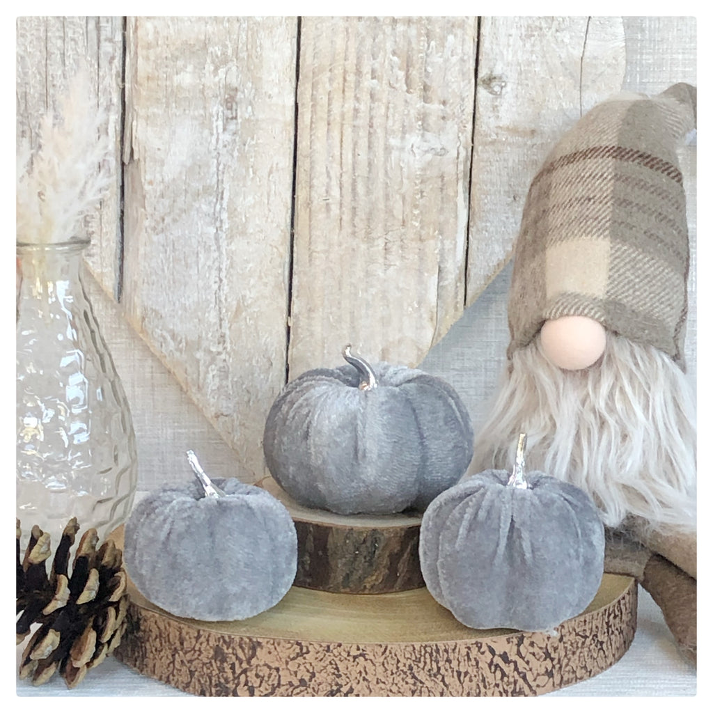 Set of 3 - Light Grey Velvet pumpkins - Silver Stem