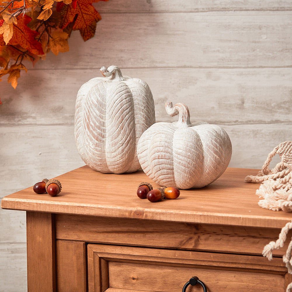 Rustic White carved pumpkins - set of 2