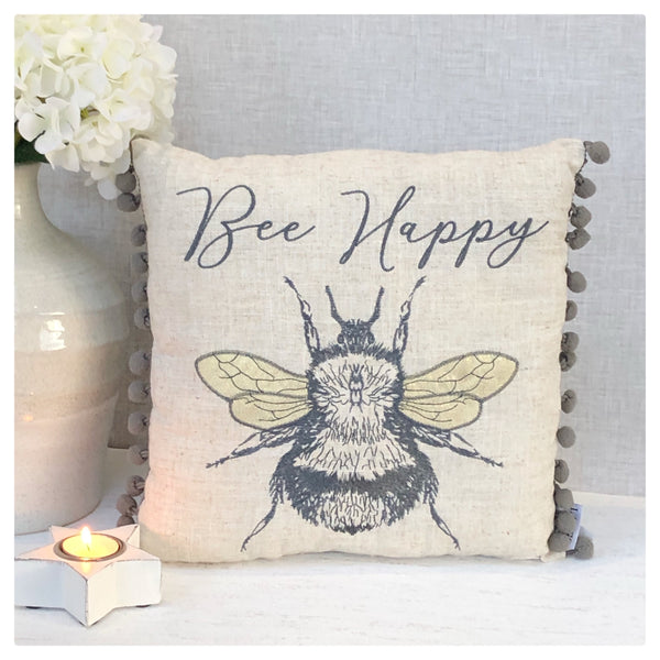 Bee Happy Cushion with Pom Poms